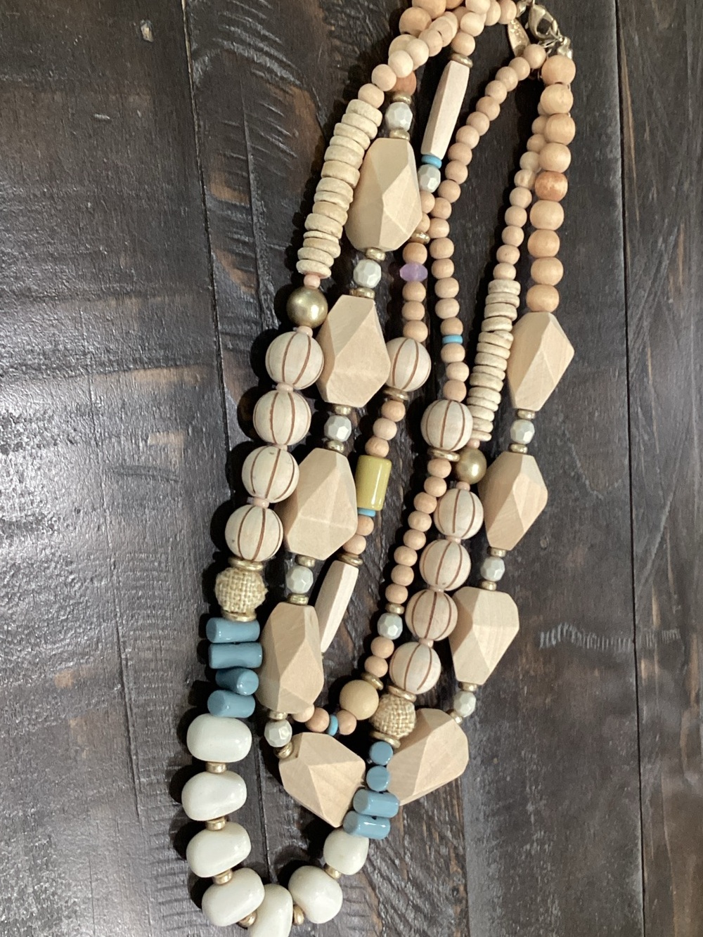Plunder Neutral Wood and Blue Multi-Strand‎ Statement Necklace